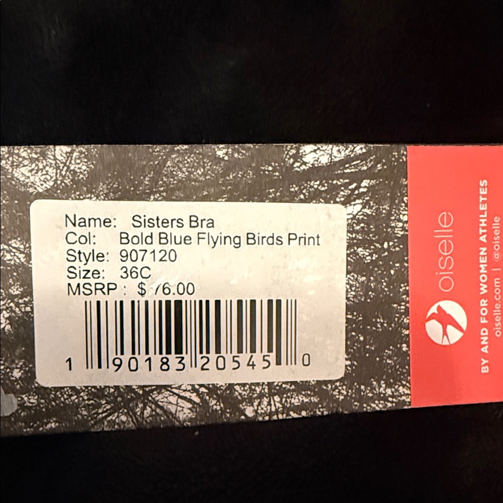 Oiselle Teal Bra with Black Bird Pattern 36C New - Picture 2 of 11
